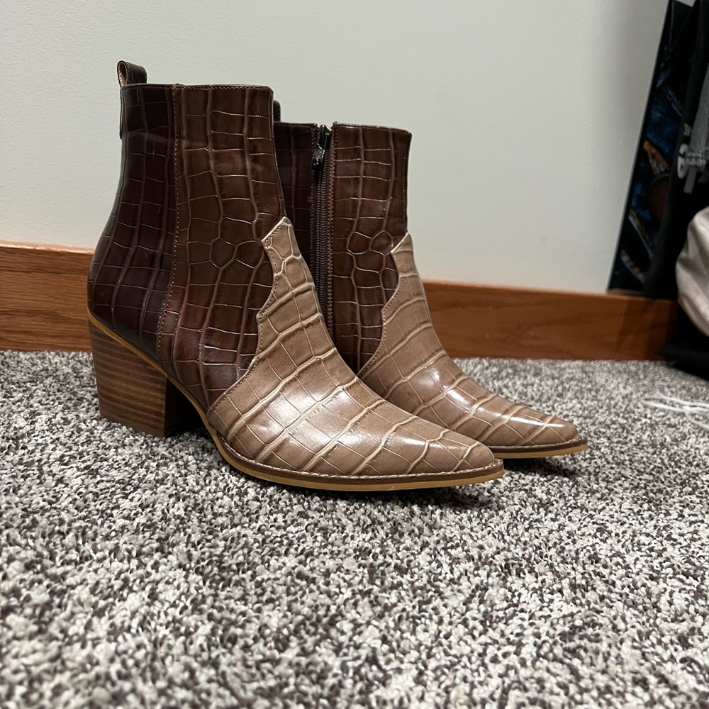 Tri-tone croc embossed ankle boots